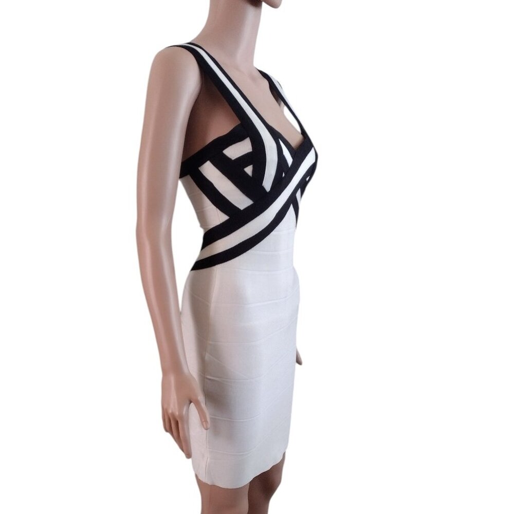 Rachael G Stretch Strappy Dress, White with Black, Size S.